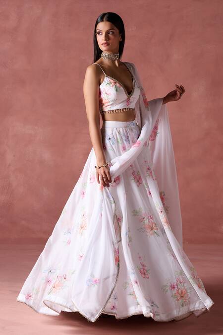 Lashkaraa_White Organza Zari, Sequins Sweetheart Neck Phool Guchha Print Lehenga Set_at_Aza_Fashions