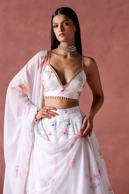 Buy_Lashkaraa_White Organza Zari, Sequins Sweetheart Neck Phool Guchha Print Lehenga Set