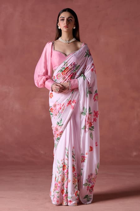 LASHKARAA Fresh Bloom Print & Embellished Saree With Blouse 