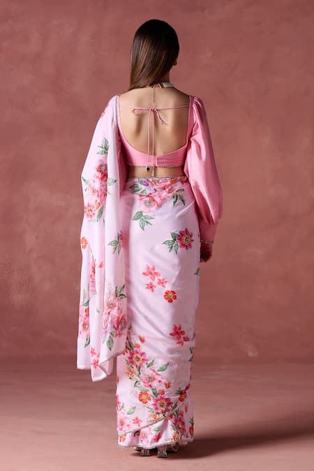 Shop Lashkaraa Pink Satin Zari, Embroidery, Embellished Floral Print Pre-draped Saree And Blouse at Aza Fashions Shop_Lashkaraa_Pink Satin Zari, Embroidery, Embellished Floral Print Pre-draped Saree And Blouse_at_Aza_Fashions