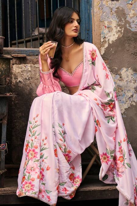 Lashkaraa Pink Satin Zari, Embroidery, Embellished Floral Print Pre-draped Saree And Blouse Online at Aza Fashions Lashkaraa_Pink Satin Zari, Embroidery, Embellished Floral Print Pre-draped Saree And Blouse_Online_at_Aza_Fashions