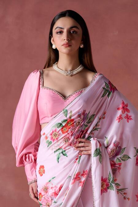 Buy Lashkaraa Pink Satin Zari, Embroidery, Embellished Floral Print Pre-draped Saree And Blouse Online at Aza Fashions Buy_Lashkaraa_Pink Satin Zari, Embroidery, Embellished Floral Print Pre-draped Saree And Blouse_Online_at_Aza_Fashions