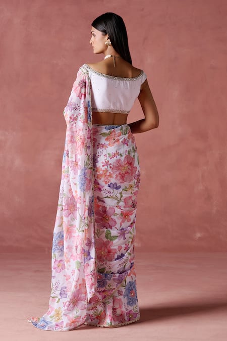 Shop Lashkaraa White Georgette Sequins, Zari Off-shoulder Gulmohar Print Pre-draped Saree Set at Aza Fashions Shop_Lashkaraa_White Georgette Sequins, Zari Off-shoulder Gulmohar Print Pre-draped Saree Set_at_Aza_Fashions