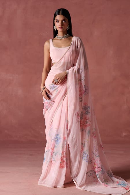 LASHKARAA Phool Bahar Print & Embellished Saree With Blouse 