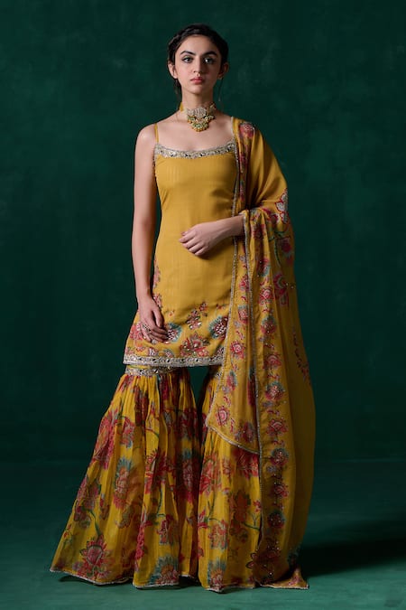 LASHKARAA Yellow Georgette Print Floral Scoop Zari Embroidered Kurta And Sharara Set 