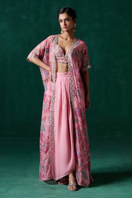 LASHKARAA Floral Zari Embroidered Jacket & Draped Skirt Set 