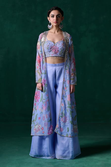 Buy_Lashkaraa_Purple Georgette Embroidery, Sequins, Mirrors Floral Zari Bustier And Jacket Set _Online_at_Aza_Fashions