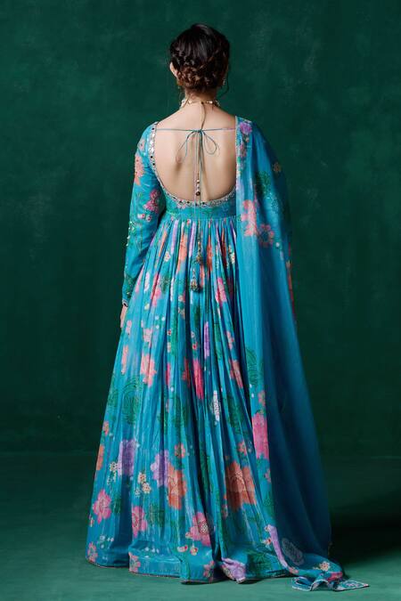 Shop Lashkaraa Blue Chiffon Mirrors, Embroidery, Sequins, Zari Scoop Neck Floral Anarkali Set at Aza Fashions Shop_Lashkaraa_Blue Chiffon Mirrors, Embroidery, Sequins, Zari Scoop Neck Floral Anarkali Set_at_Aza_Fashions