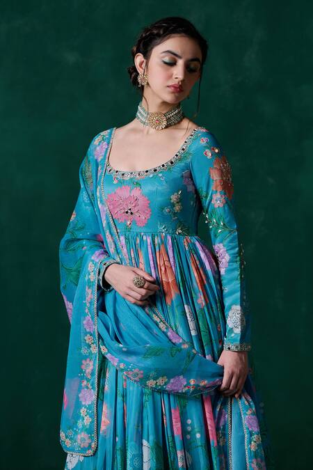 Lashkaraa Blue Chiffon Mirrors, Embroidery, Sequins, Zari Scoop Neck Floral Anarkali Set Online at Aza Fashions Lashkaraa_Blue Chiffon Mirrors, Embroidery, Sequins, Zari Scoop Neck Floral Anarkali Set_Online_at_Aza_Fashions