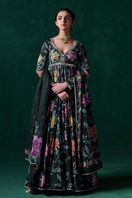 LASHKARAA Floral Print Flared Anarkali With Dupatta 