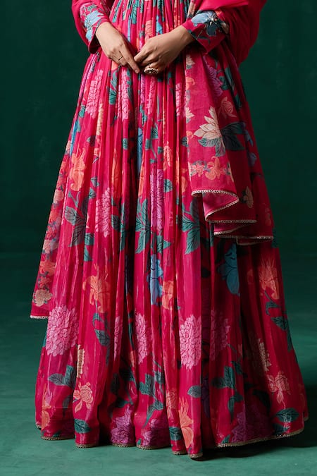 Shop Lashkaraa Pink Chiffon Zari, Sequins, Mirrors, Embroidery, Floral Print Anarkali Set Online at Aza Fashions Shop_Lashkaraa_Pink Chiffon Zari, Sequins, Mirrors, Embroidery, Floral Print Anarkali Set _Online_at_Aza_Fashions