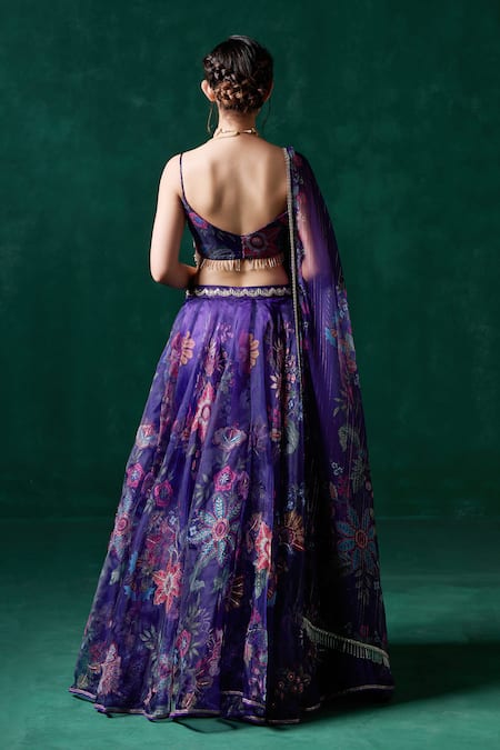 Lashkaraa_Purple Organza Lace, Mirrors, Stones, Sequins, Floral Kalidar Lehenga Set _Online_at_Aza_Fashions
