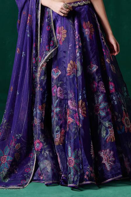 Buy_Lashkaraa_Purple Organza Lace, Mirrors, Stones, Sequins, Floral Kalidar Lehenga Set _Online_at_Aza_Fashions