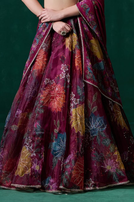 Buy_Lashkaraa_Wine Georgette Mirrors, Sequins, Floral Zari Embroidered Kalidar Lehenga Set _Online_at_Aza_Fashions