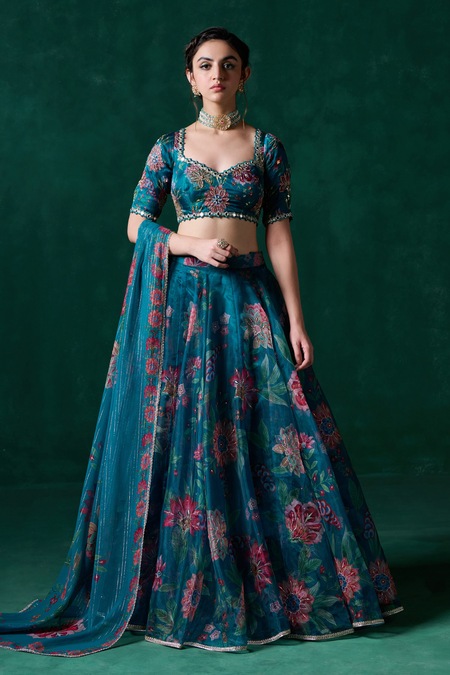 Lashkaraa Green Georgette Sequins, Zari, Lace, Mirrors Floral Print Kalidar Lehenga Set 