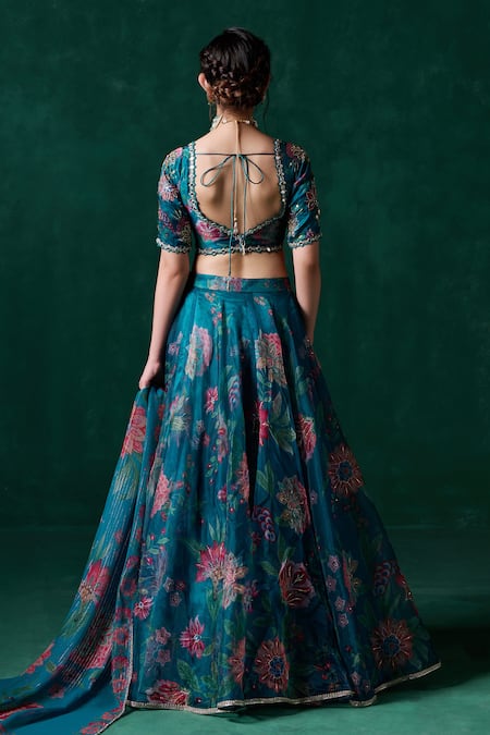 Lashkaraa_Green Georgette Sequins, Zari, Lace, Mirrors Floral Print Kalidar Lehenga Set _Online_at_Aza_Fashions