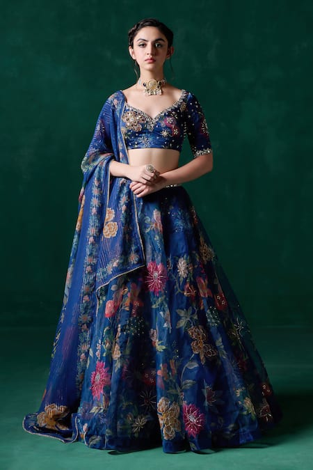 LASHKARAA Blue Georgette Print Floral Leaf Mirror Embroidered Blouse And Lehenga Set 