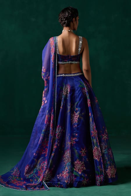 Lashkaraa_Blue Georgette Embroidery, Sequins, Mirrors, Floral Print Blouse And Lehenga Set _Online_at_Aza_Fashions
