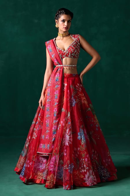 LASHKARAA Red Georgette Print Floral Queen Zari Embroidered Blouse And Kalidar Lehenga Set 