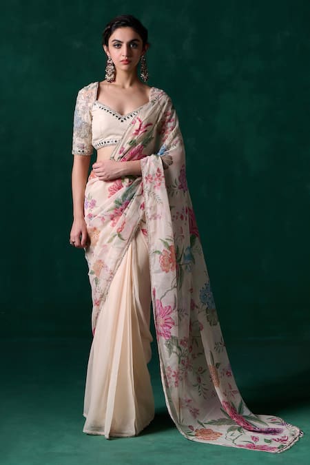 LASHKARAA Off White Chiffon Print Floral Zari Embroidered Pre-draped Saree With Blouse 