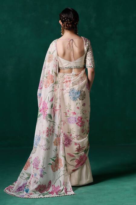 Shop Lashkaraa Off White Chiffon Sequins, Mirrors Floral Zari Embroidered Pre-draped Saree at Aza Fashions Shop_Lashkaraa_Off White Chiffon Sequins, Mirrors Floral Zari Embroidered Pre-draped Saree_at_Aza_Fashions