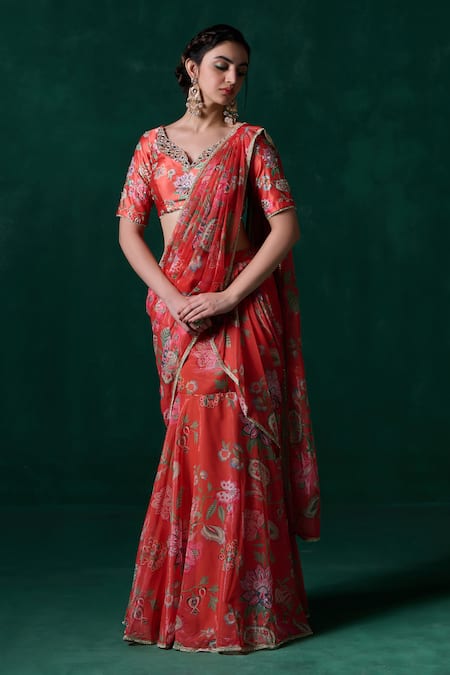 LASHKARAA Red Satin Print Floral Leaf Sequin Embroidered Blouse With Pre Draped Saree 