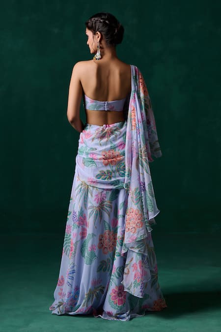 Lashkaraa Floral Print Pre-Draped Saree & Bustier 