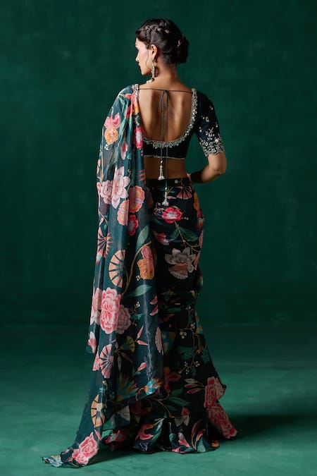 Lashkaraa Floral Print Ruffle Pre-Draped Saree With Blouse 