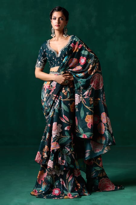Buy_Lashkaraa_Green Chiffon Sequins, Mirrors, Zari, Floral Print Ruffle Pre-draped Saree Set _Online_at_Aza_Fashions