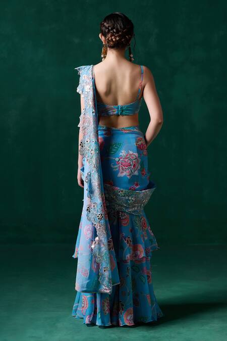 Shop Lashkaraa Blue Chiffon Cut Work, Embroidery, Floral Cutwork Ruffle Pre-draped Saree Set at Aza Fashions Shop_Lashkaraa_Blue Chiffon Cut Work, Embroidery, Floral Cutwork Ruffle Pre-draped Saree Set_at_Aza_Fashions