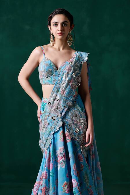 Lashkaraa Blue Chiffon Cut Work, Embroidery, Floral Cutwork Ruffle Pre-draped Saree Set Online at Aza Fashions Lashkaraa_Blue Chiffon Cut Work, Embroidery, Floral Cutwork Ruffle Pre-draped Saree Set_Online_at_Aza_Fashions