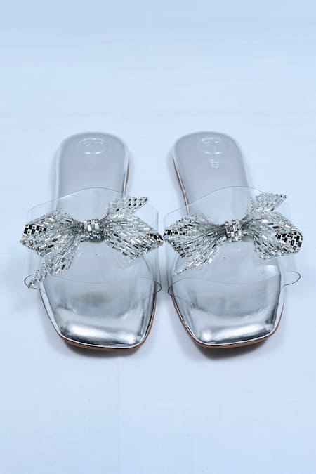 Sana K luxurious Footwear Silver Bow Strap Embellished Flats Online at Aza Fashions Sana K luxurious Footwear_Silver Bow Strap Embellished Flats _Online_at_Aza_Fashions