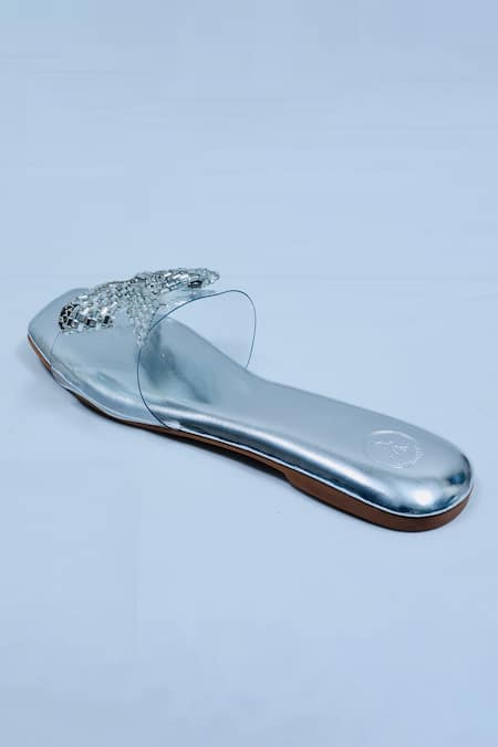 Buy Sana K luxurious Footwear Silver Bow Strap Embellished Flats Online at Aza Fashions Buy_Sana K luxurious Footwear_Silver Bow Strap Embellished Flats _Online_at_Aza_Fashions