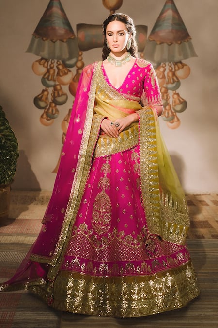 Masaba Pink Lehenga And Blouse Raw Silk Embroidery Chand Phool Rose Falooda Bridal Set 