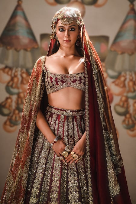 Shop Masaba Wine , Georgette, Organza Zari, Kokum Sherbet Bridal Lehenga Set at Aza Fashions Shop_Masaba_Wine , Georgette, Organza Zari, Kokum Sherbet Bridal Lehenga Set _at_Aza_Fashions