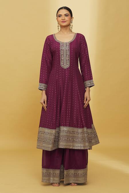 Samyukta Singhania_Wine Silk, Georgette Zari, Sequins, Embroidery Scoop And Anarkali Palazzo Set_Online_at_Aza_Fashions