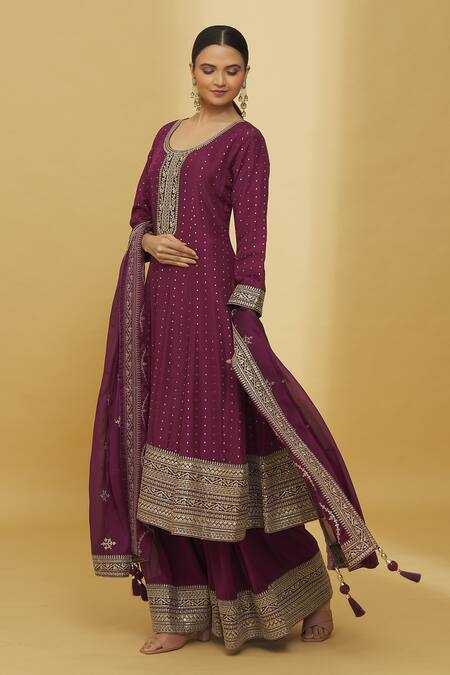Buy_Samyukta Singhania_Wine Silk, Georgette Zari, Sequins, Embroidery Scoop And Anarkali Palazzo Set_Online_at_Aza_Fashions
