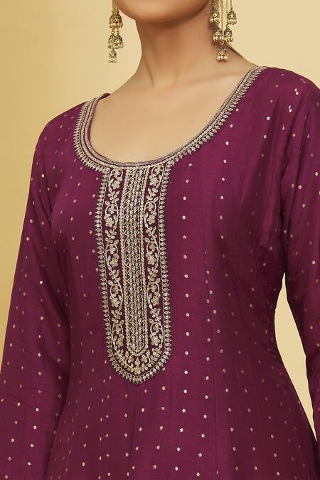 Shop_Samyukta Singhania_Wine Silk, Georgette Zari, Sequins, Embroidery Scoop And Anarkali Palazzo Set_Online_at_Aza_Fashions