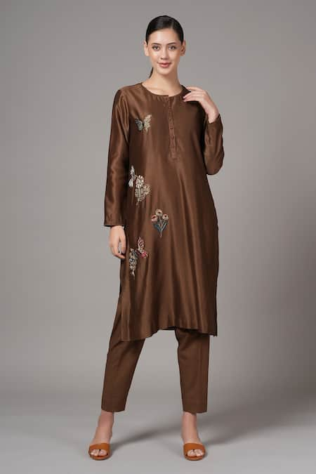 Joy Mitra Brown Chanderi Embroidered Sequin Round Floral Blossom Kurta With Pant 