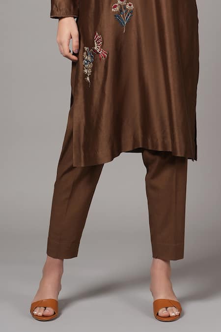 Joy Mitra Brown Chanderi Sequins, Beads Round Floral Blossom Embroidered Kurta With Pant Online at Aza Fashions Joy Mitra_Brown Chanderi Sequins, Beads Round Floral Blossom Embroidered Kurta With Pant _Online_at_Aza_Fashions
