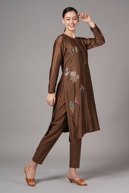 Buy_Joy Mitra_Brown Chanderi Sequins, Beads Round Floral Blossom Embroidered Kurta With Pant _Online_at_Aza_Fashions