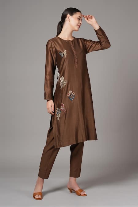 Shop_Joy Mitra_Brown Chanderi Sequins, Beads Round Floral Blossom Embroidered Kurta With Pant _Online_at_Aza_Fashions