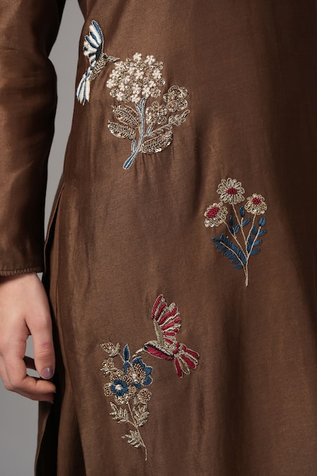 Joy Mitra_Brown Chanderi Sequins, Beads Round Floral Blossom Embroidered Kurta With Pant _at_Aza_Fashions