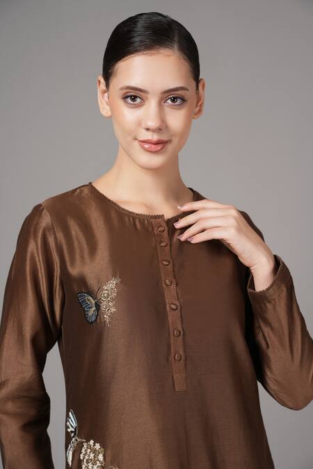 Buy_Joy Mitra_Brown Chanderi Sequins, Beads Round Floral Blossom Embroidered Kurta With Pant 