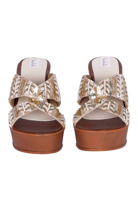 Shop_Fuchsia by aashaka mehta_Brown Embroidery, Sequins Vibes Strap Wedges_at_Aza_Fashions