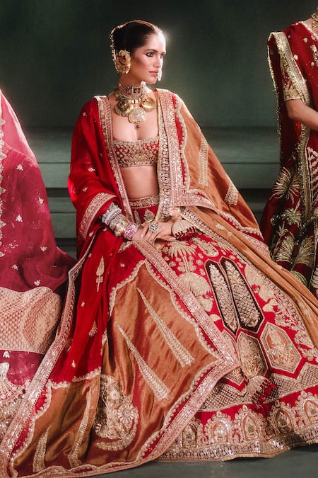 Shop_Masaba_Red Silk, Georgette Embroidery, Patchwork The Anar Bagh Bridal Lehenga Set _at_Aza_Fashions
