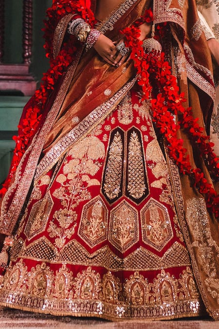 Masaba_Red Silk, Georgette Embroidery, Patchwork The Anar Bagh Bridal Lehenga Set _Online_at_Aza_Fashions