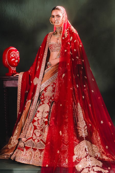 Shop_Masaba_Red Silk, Georgette Embroidery, Patchwork, The Anar Bagh Bridal Lehenga Set _at_Aza_Fashions