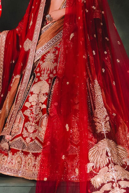 Masaba_Red Silk, Georgette Embroidery, Patchwork, The Anar Bagh Bridal Lehenga Set _Online_at_Aza_Fashions