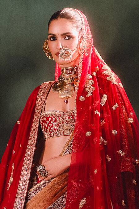 Buy_Masaba_Red Silk, Georgette Embroidery, Patchwork, The Anar Bagh Bridal Lehenga Set _Online_at_Aza_Fashions